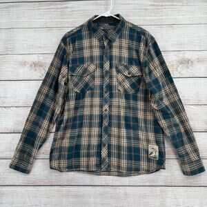 REI Plaid Flannel Button Down Shirt Mens Large Green Orange Blue Long Sleeve